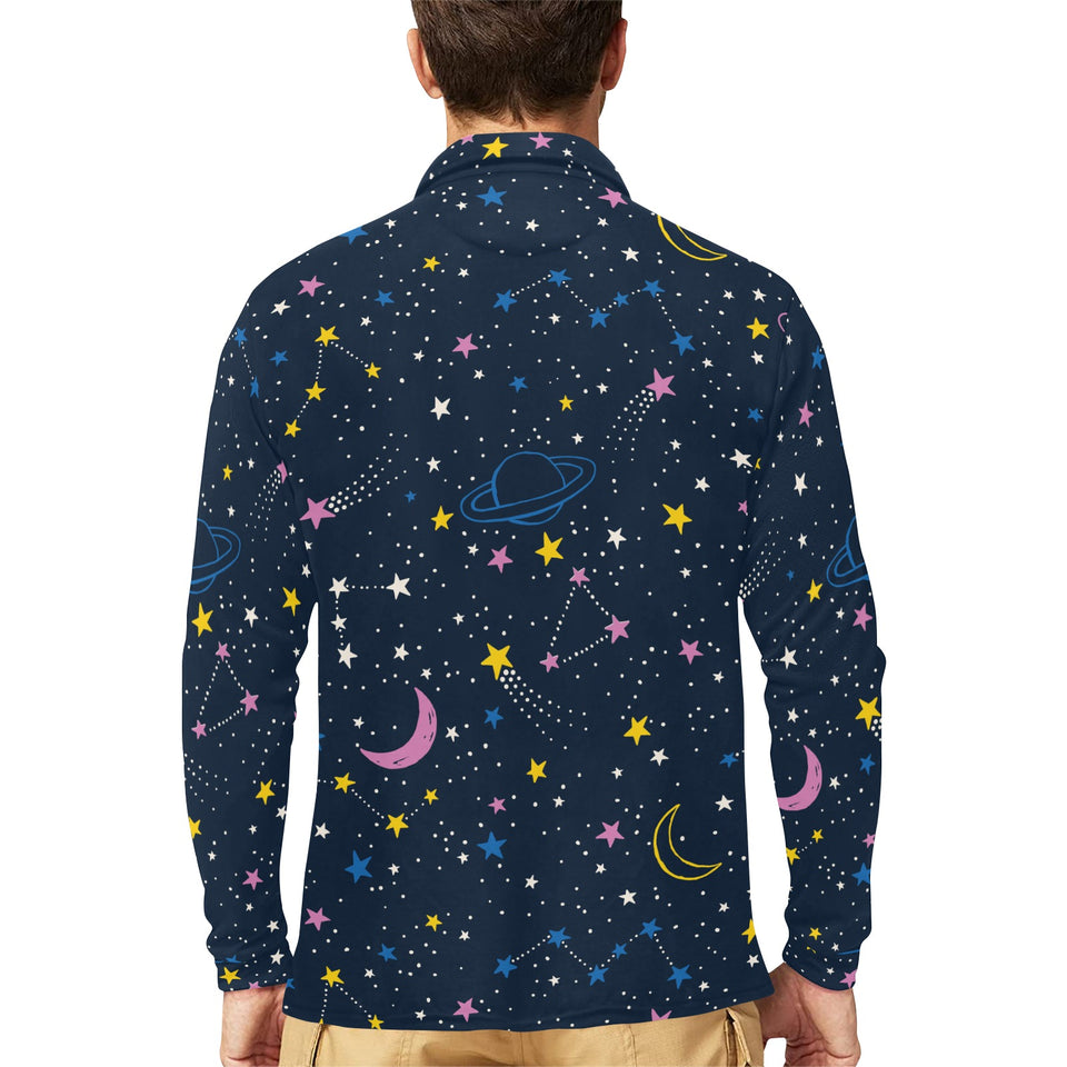 space pattern with planets, comets, constellations Men's Long Sleeve Polo Shirt