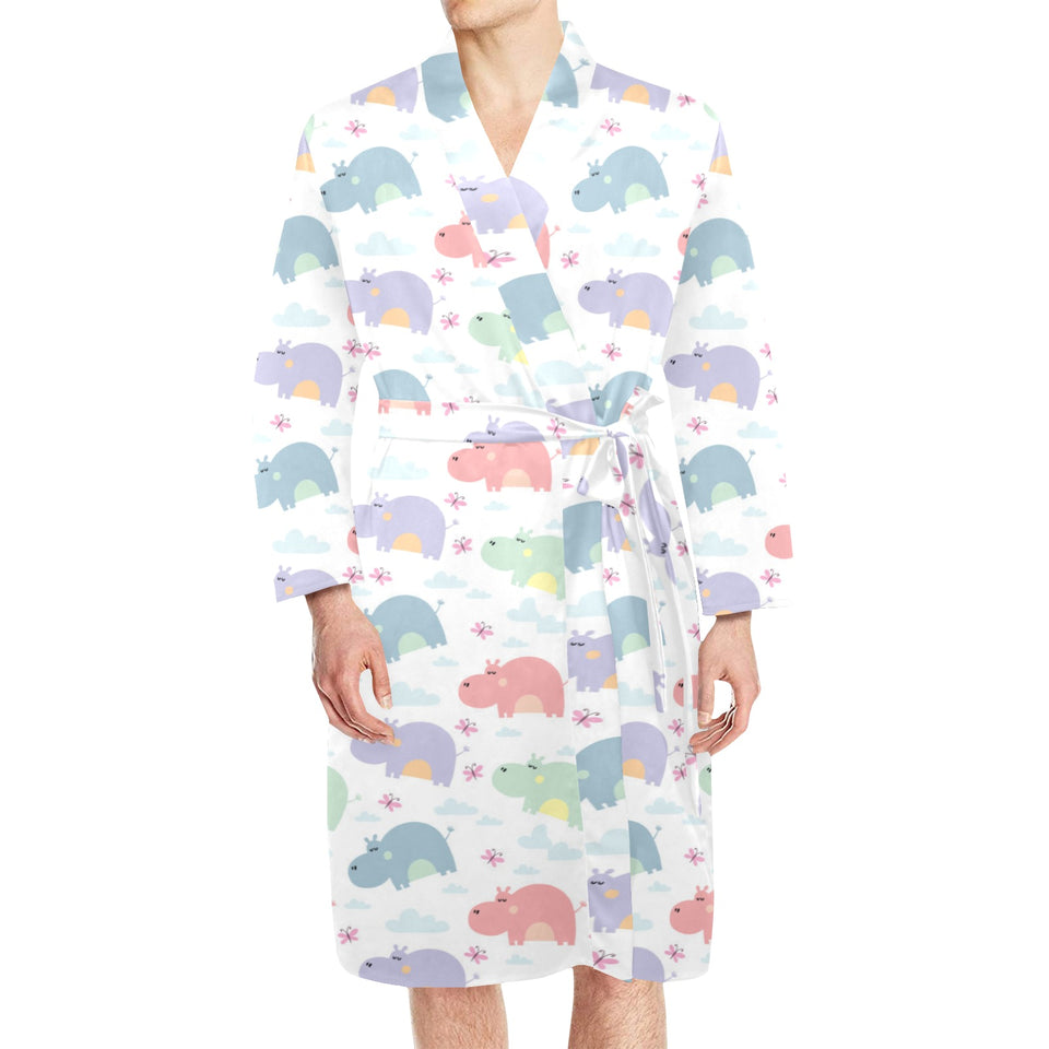 Hippopotamus Pattern Print Design 03 Men's Long Sleeve Belted Night Robe