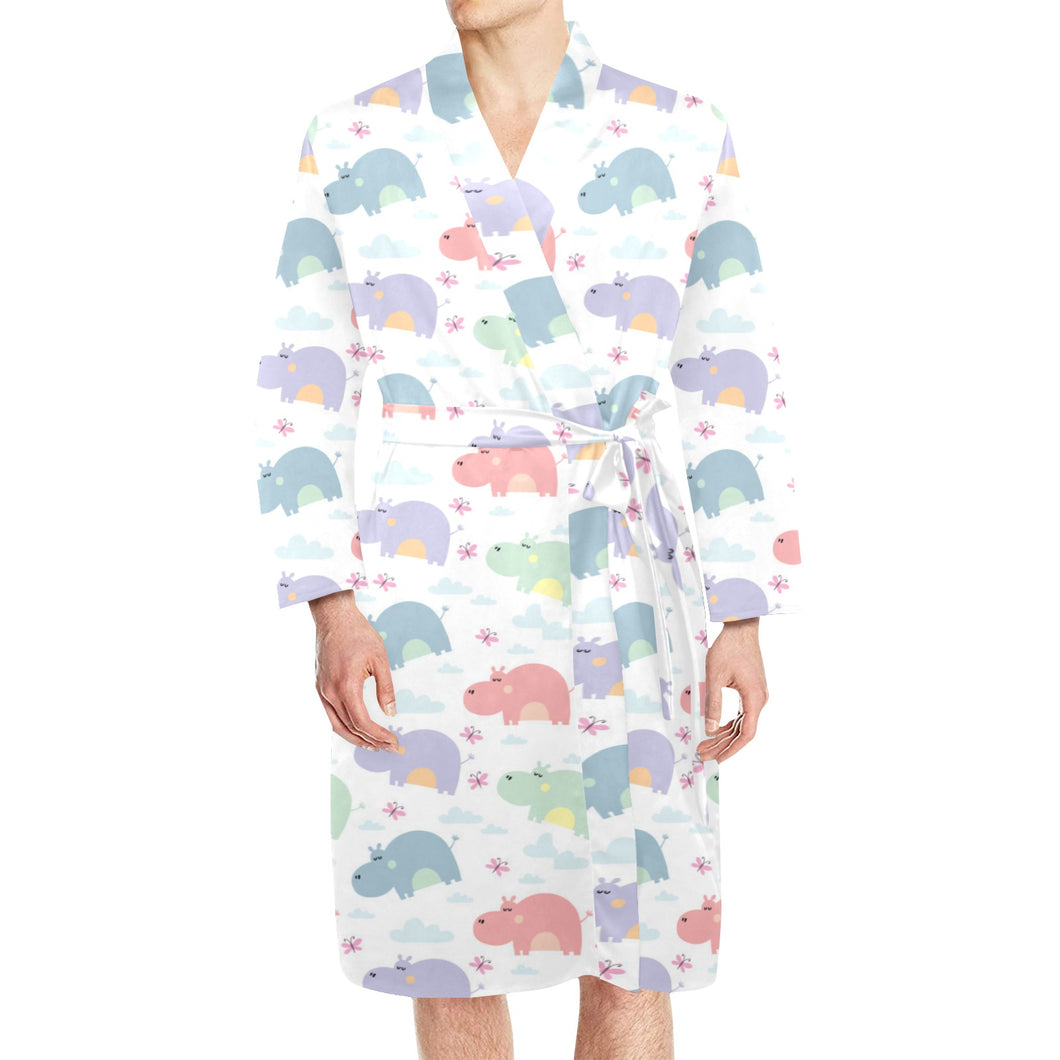 Hippopotamus Pattern Print Design 03 Men's Long Sleeve Belted Night Robe