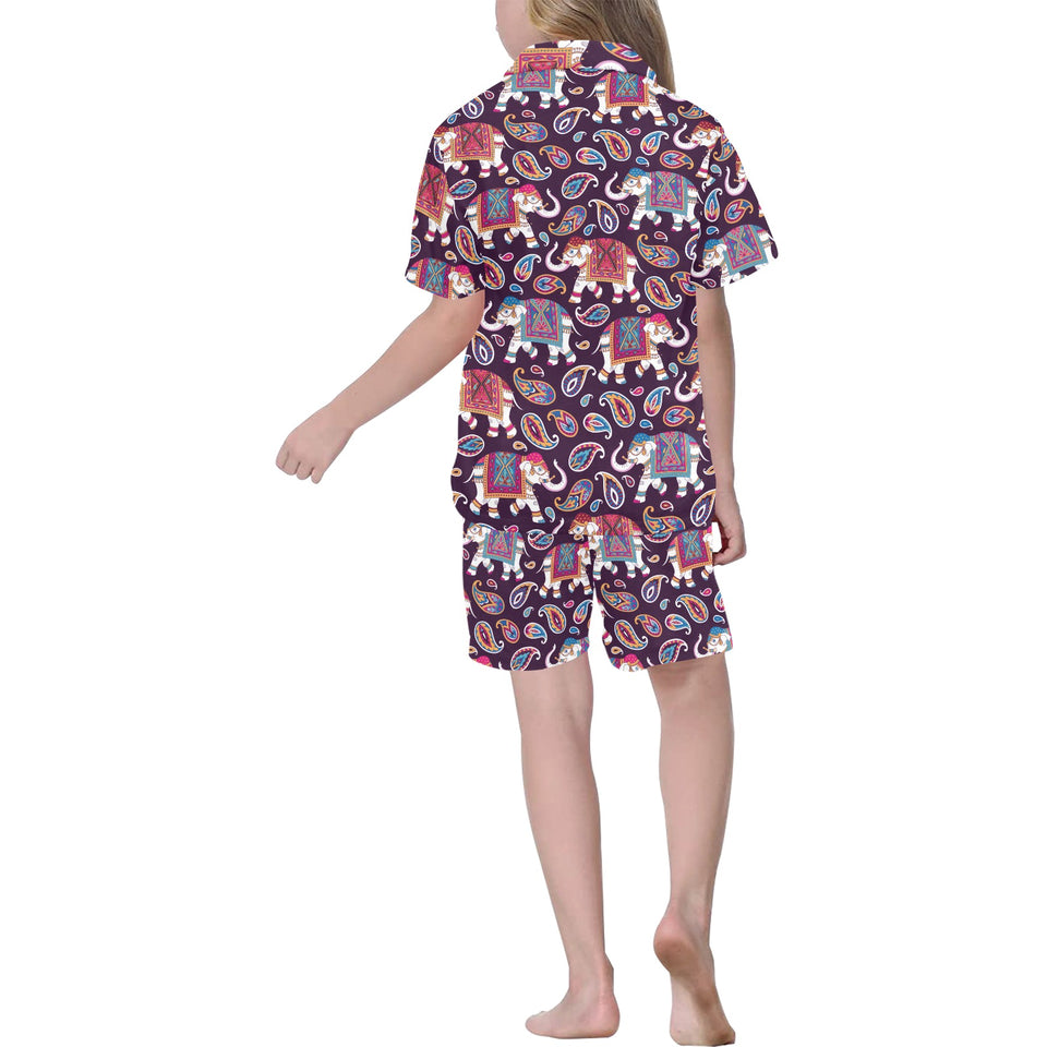 Elephant indian style ornament pattern Kids' Boys' Girls' V-Neck Short Pajama Set