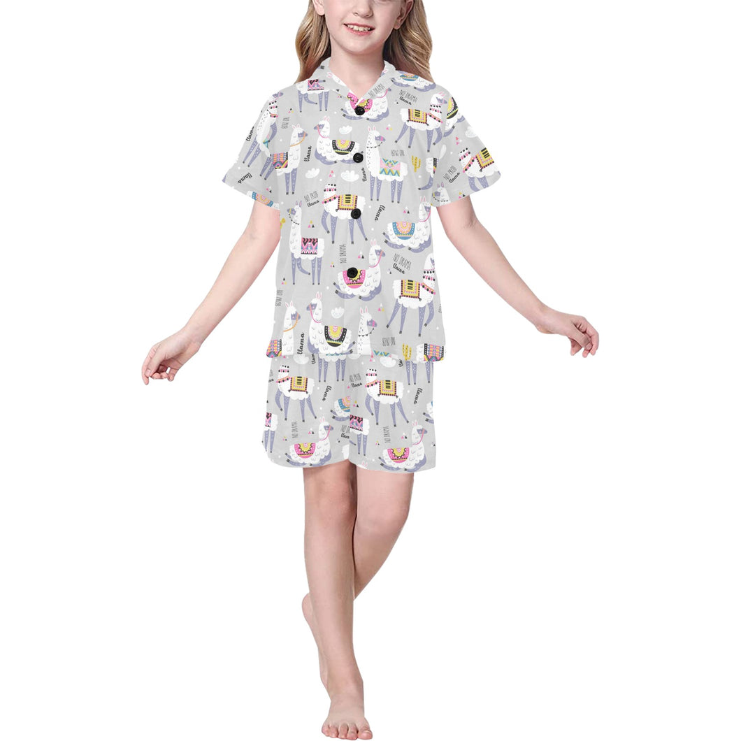 Cute Llama Alpaca pattern Kids' Boys' Girls' V-Neck Short Pajama Set