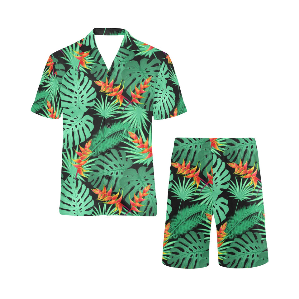 heliconia flower palm monstera leaves black backgr Men's V-Neck Short Pajama Set