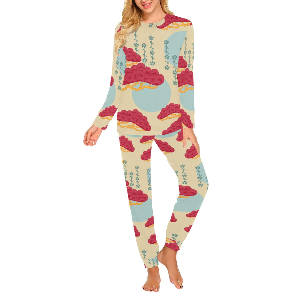 Red Bonsai gray sun japanese pattern Women's All Over Print Pajama Set