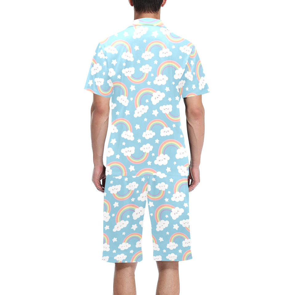 Cute rainbow clound star pattern blue background Men's V-Neck Short Pajama Set