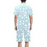 Cute rainbow clound star pattern blue background Men's V-Neck Short Pajama Set
