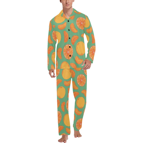 orange fruit pattern green background Men's Long Pajama Set
