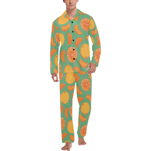 orange fruit pattern green background Men's Long Pajama Set