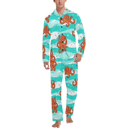 Octopuses sea wave background Men's Long Pajama Set