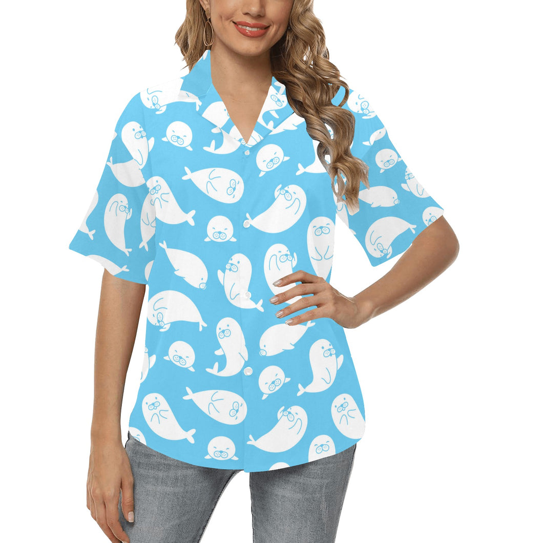 Cute white sea lion seals pattern Women's All Over Print Hawaiian Shirt