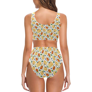 Pancake Pattern Print Design 02 Chest Bowknot High Waisted Bikini Swimsuit