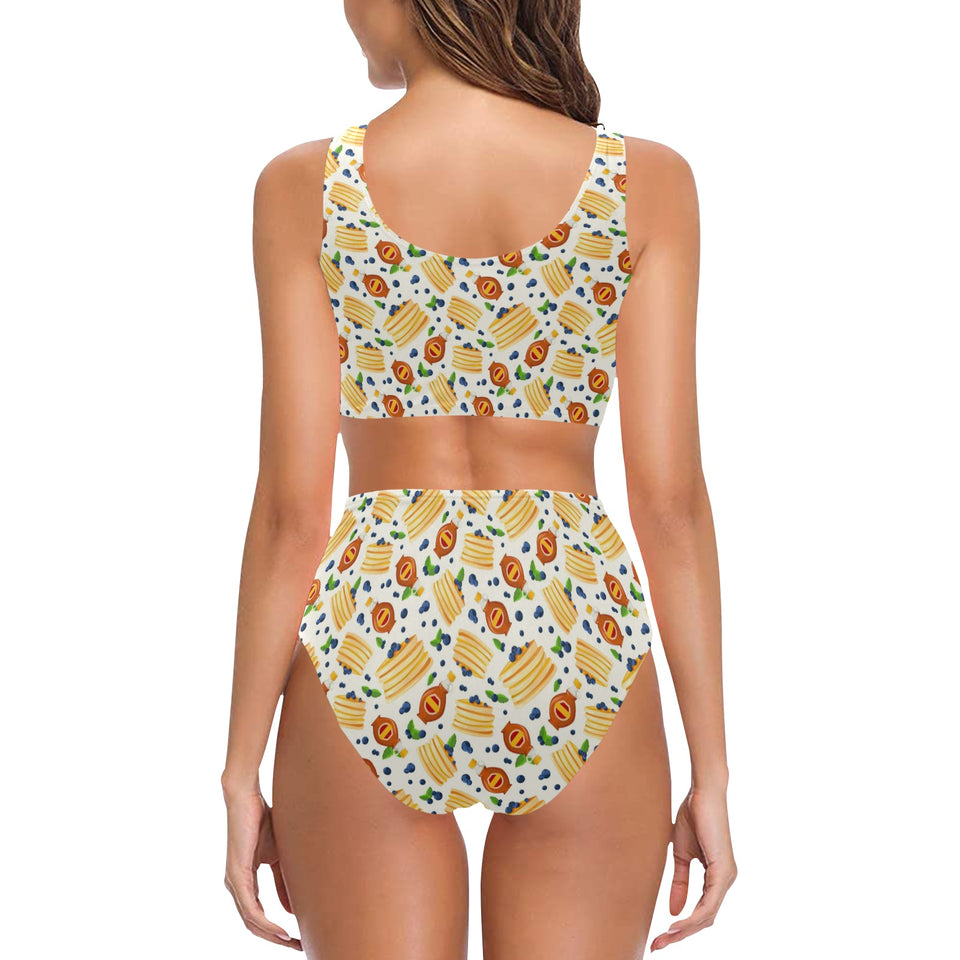 Pancake Pattern Print Design 02 Chest Bowknot High Waisted Bikini Swimsuit