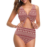 Dachshund Nordic pattern Chest Bowknot High Waisted Bikini Swimsuit