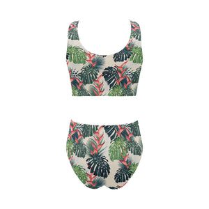 heliconia flowers, palm and monstera leaves Chest Bowknot High Waisted Bikini Swimsuit