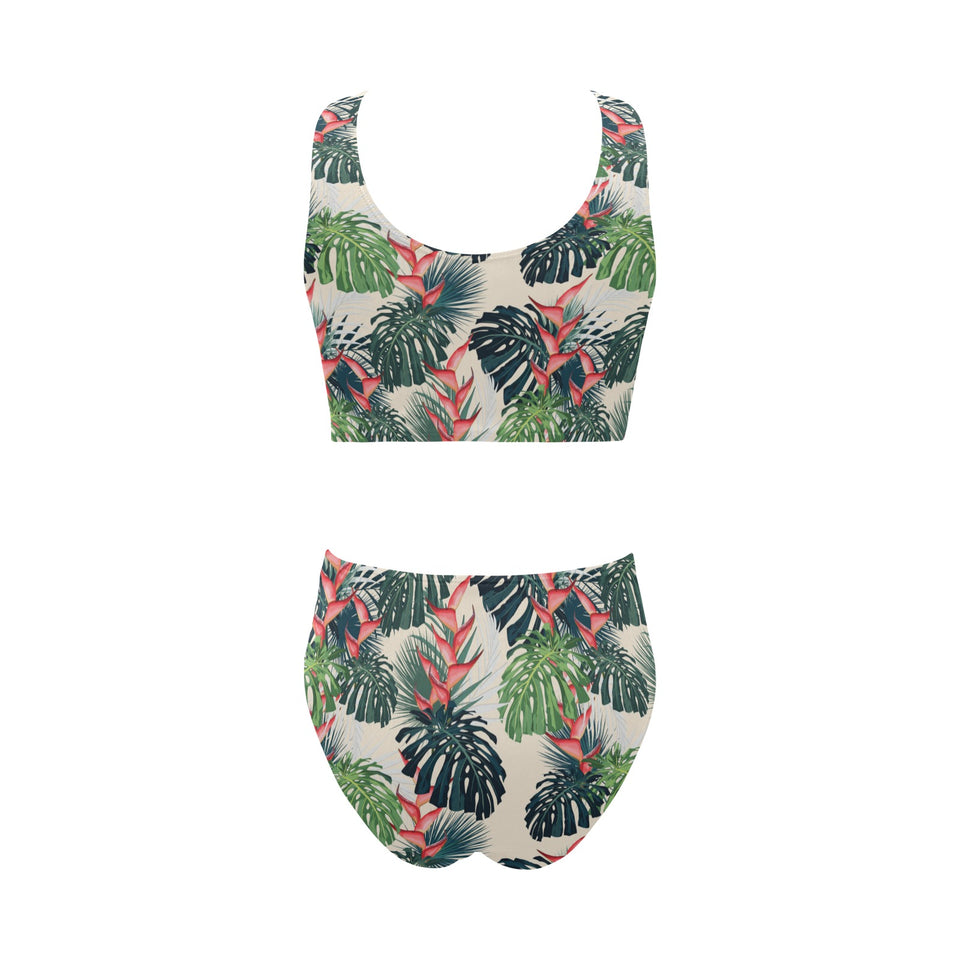 heliconia flowers, palm and monstera leaves Chest Bowknot High Waisted Bikini Swimsuit