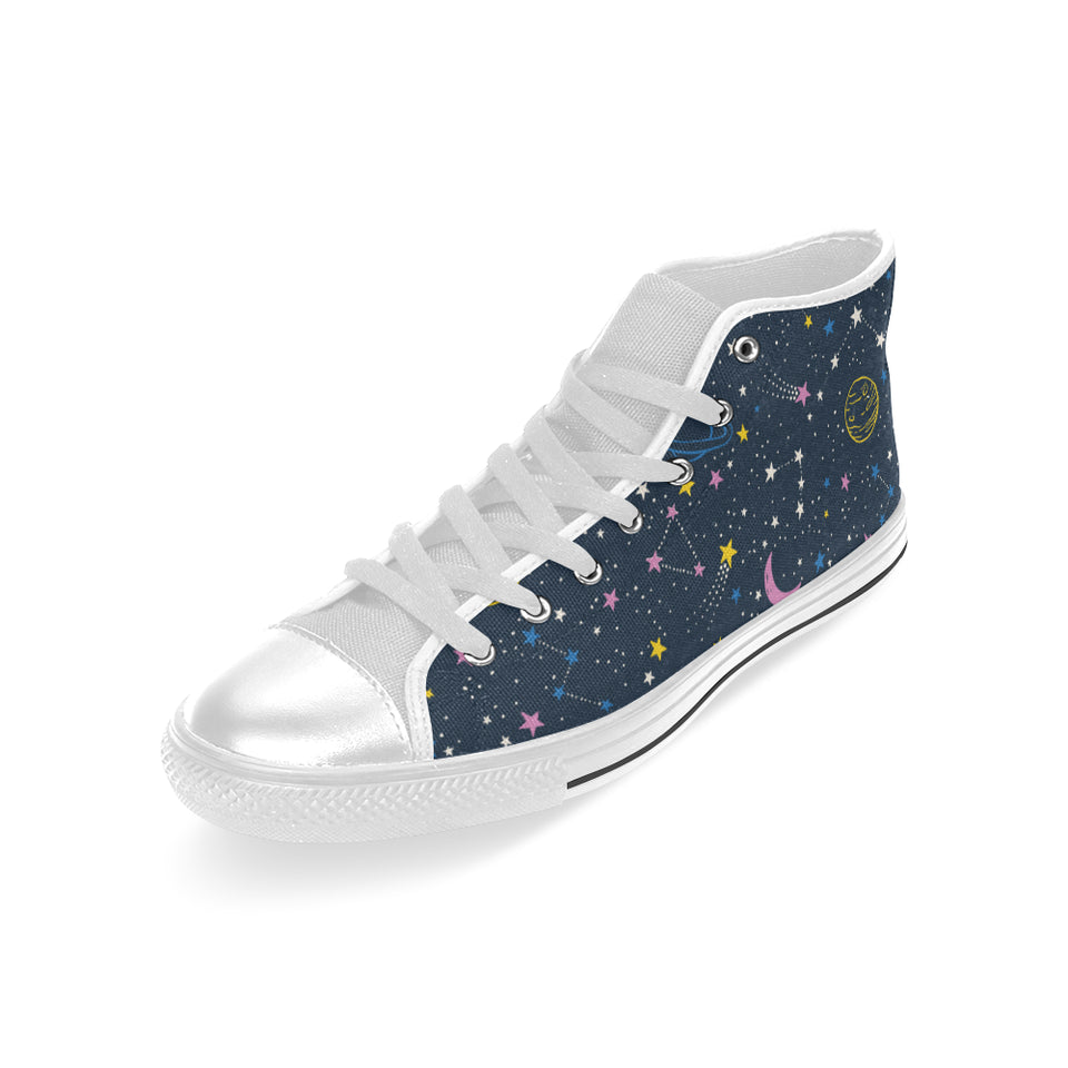 space pattern with planets, comets, constellations Men's High Top Canvas Shoes White