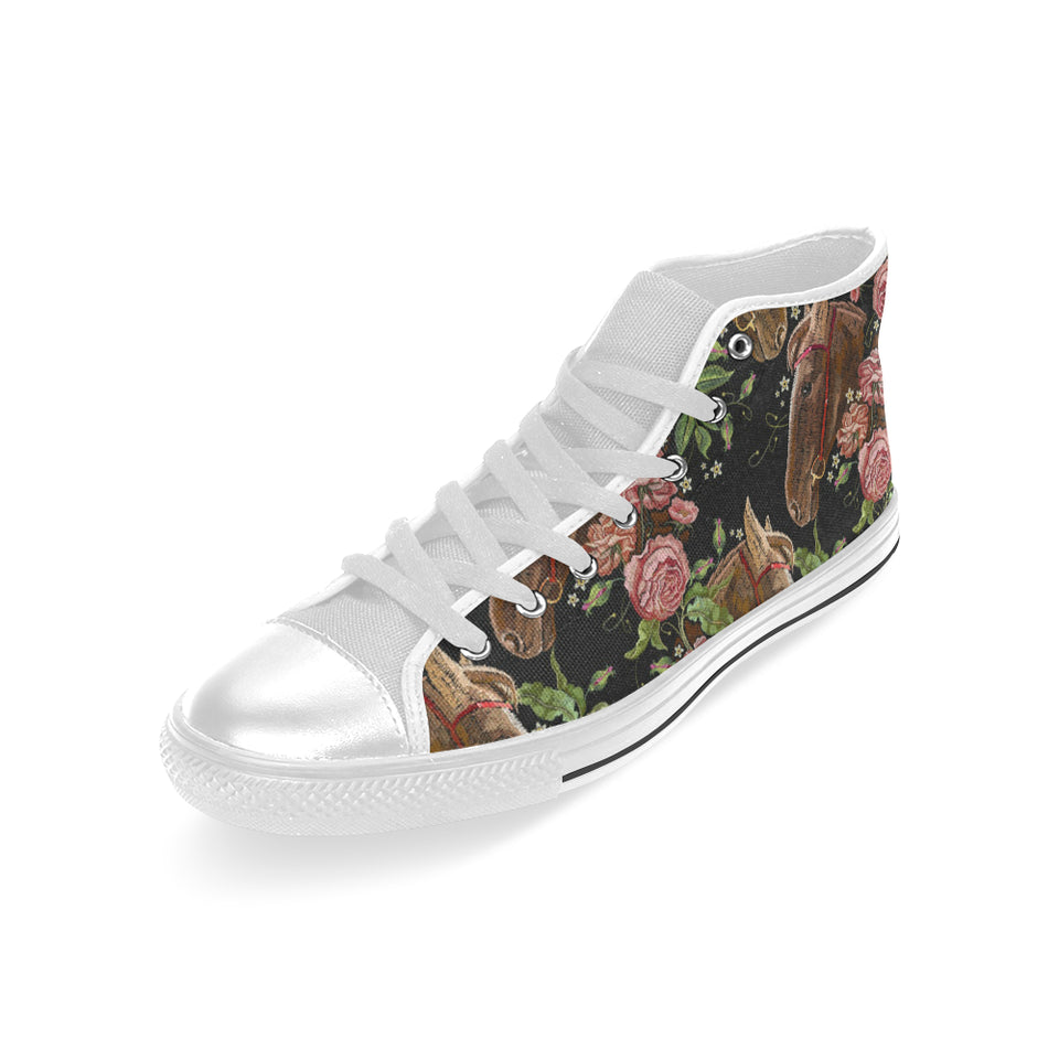 Horse head wild roses pattern Men's High Top Canvas Shoes White