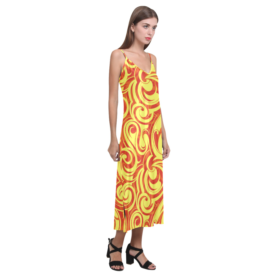 Fire flame design pattern V-Neck Open Fork Long Dress