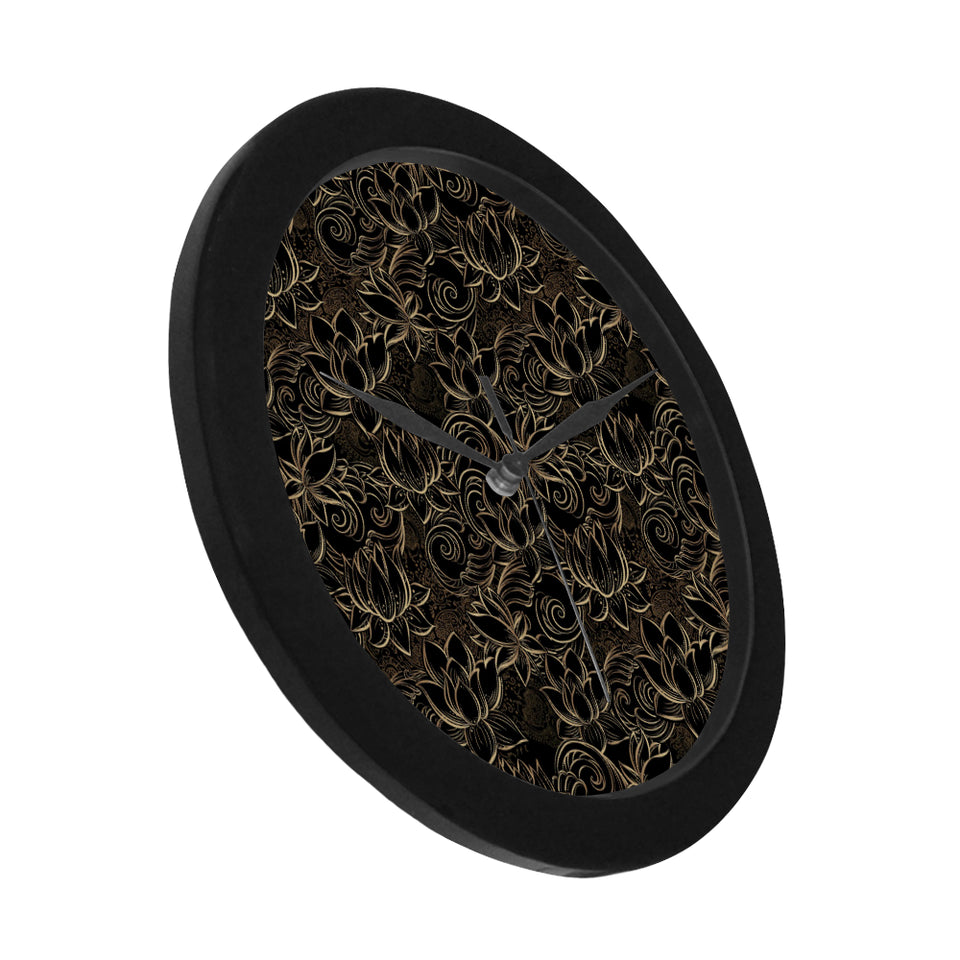 luxurious gold lotus waterlily black background Elegant Black Wall Clock
