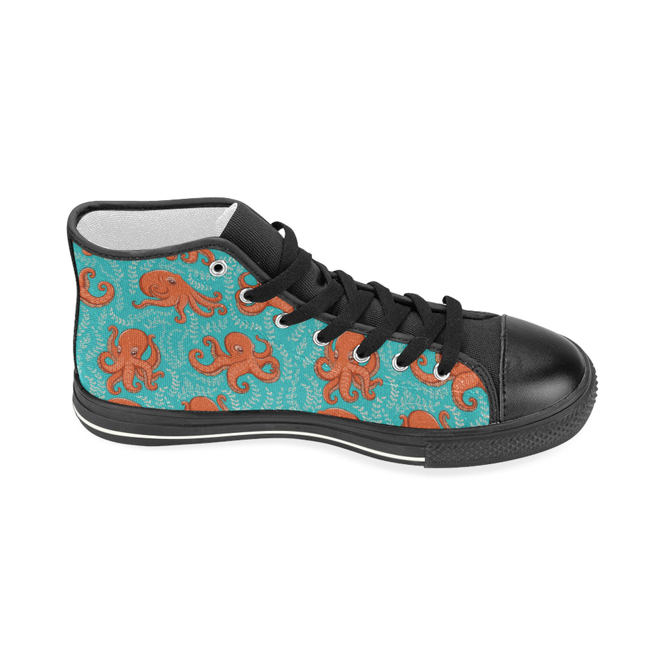 Octopus turquoise background Women's High Top Canvas Shoes Black