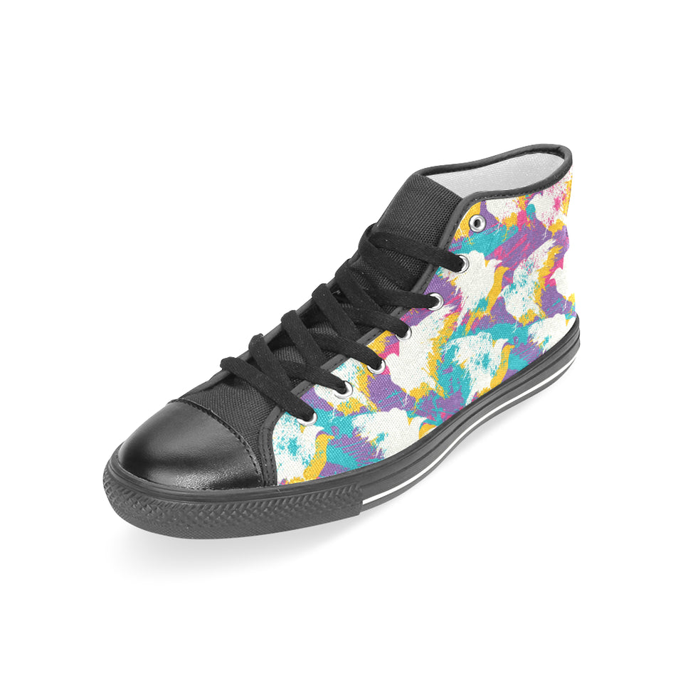 Colorful crow illustration pattern Women's High Top Canvas Shoes Black
