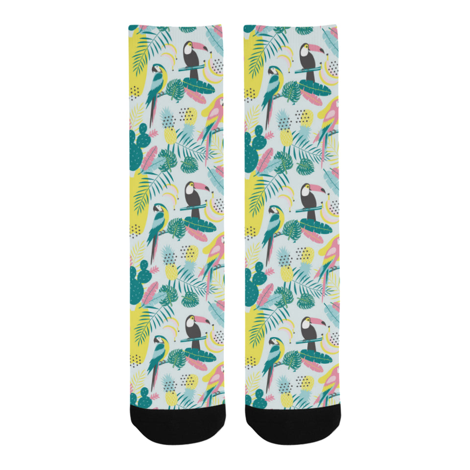 Cute parrot toucan flamingo cactus exotic leaves p Crew Socks