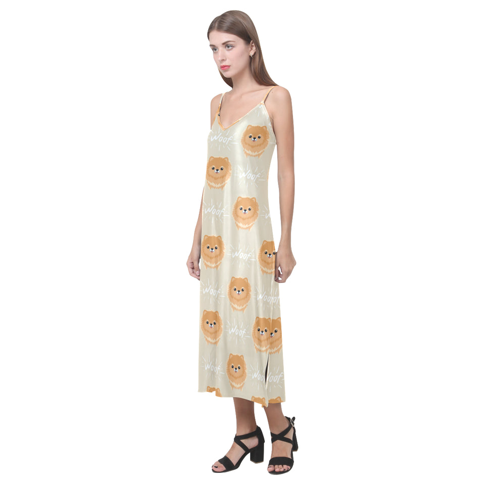 Cute brown pomeranian puppy on blue V-Neck Open Fork Long Dress