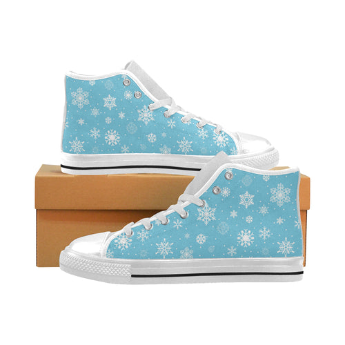 Snowflake pattern blue background Men's High Top Canvas Shoes White