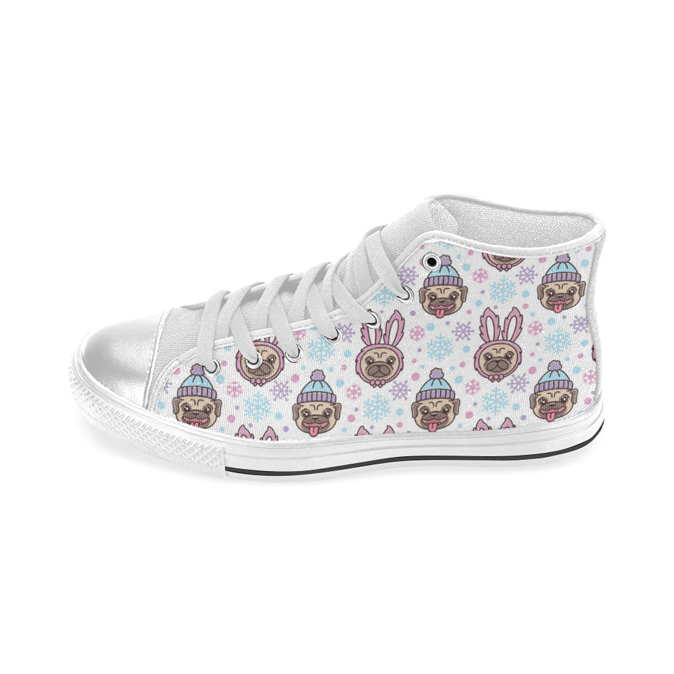 Cute pug hat rabbit costume pattern Women's High Top Canvas Shoes White