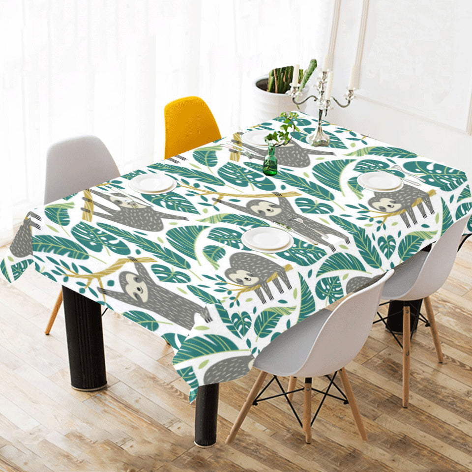 Cute sloths tropical palm leaves white background Tablecloth