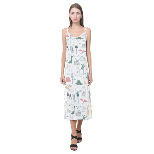 Cute cartoon dinosaurs tree pattern V-Neck Open Fork Long Dress