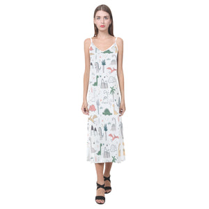 Cute cartoon dinosaurs tree pattern V-Neck Open Fork Long Dress