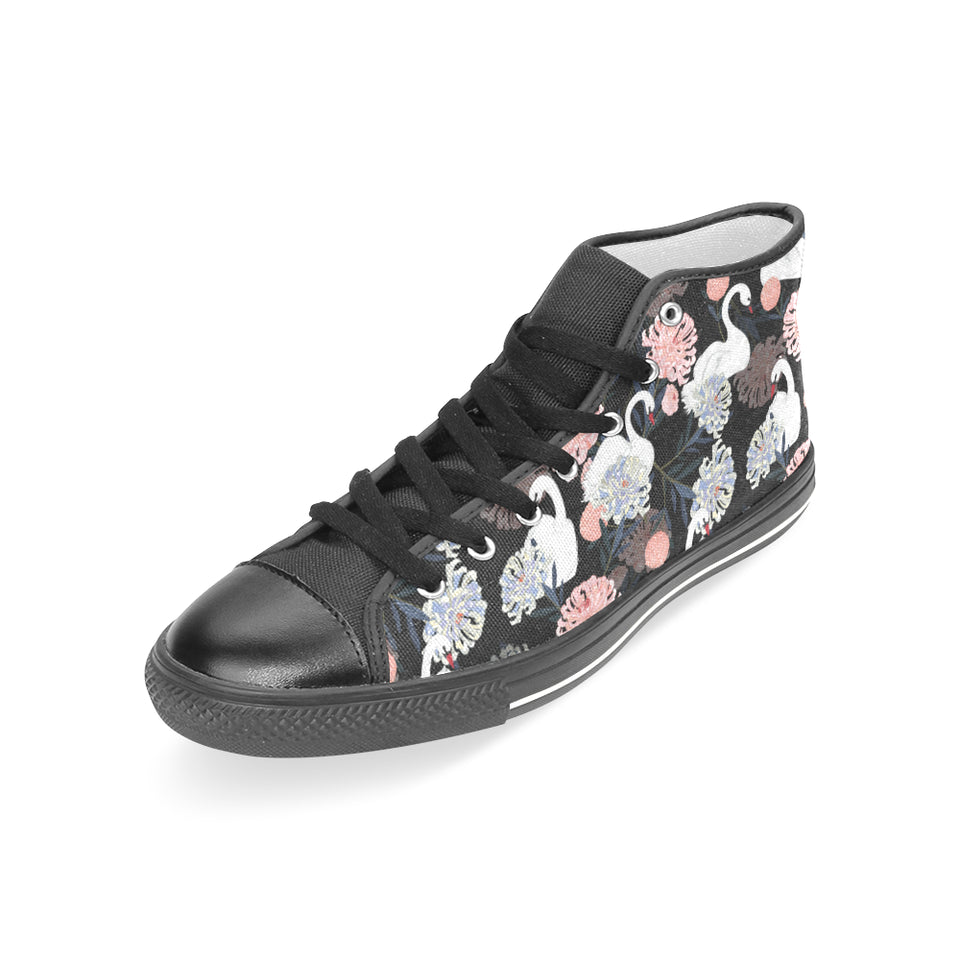 white swan blooming flower pattern Women's High Top Canvas Shoes Black