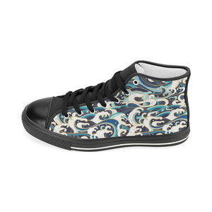 Japanese wave pattern Women's High Top Canvas Shoes Black