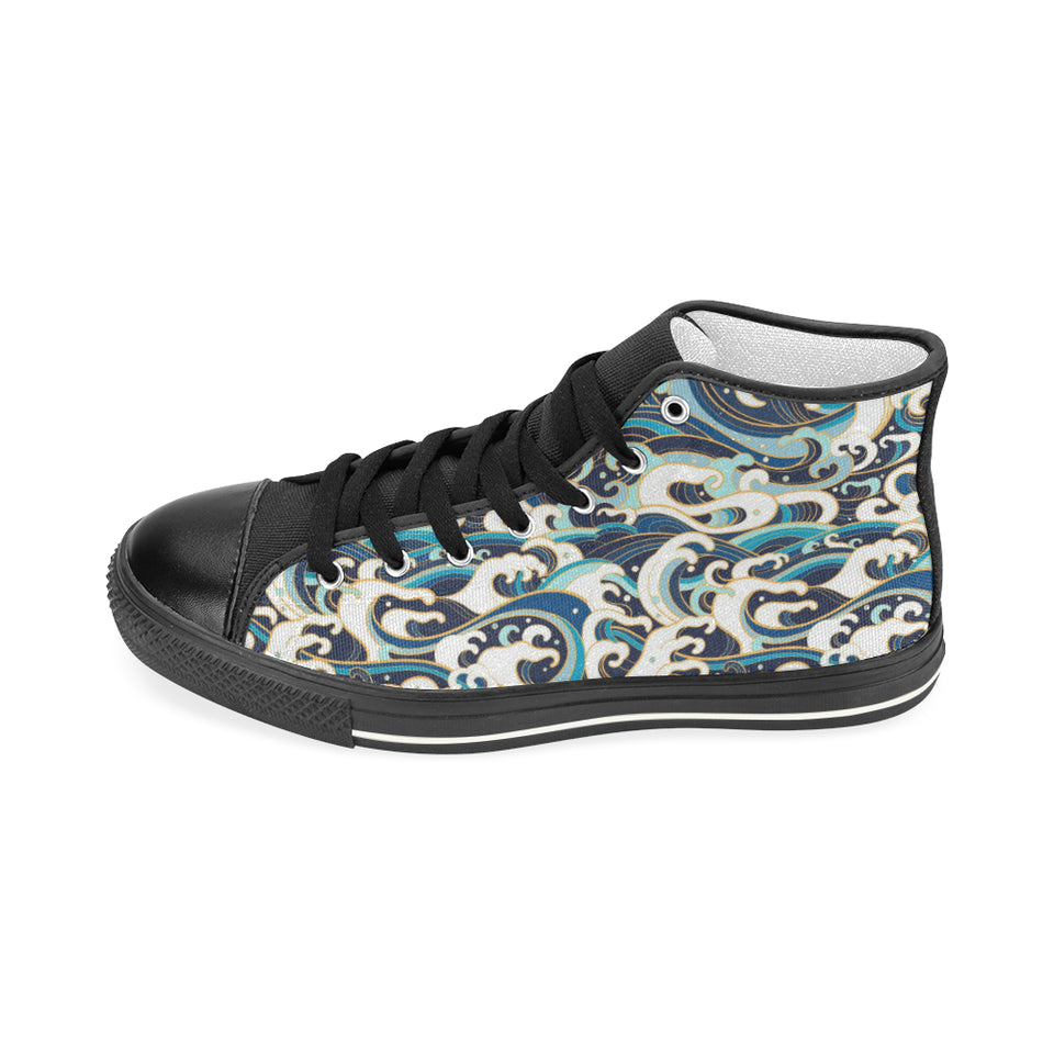 Japanese wave pattern Women's High Top Canvas Shoes Black