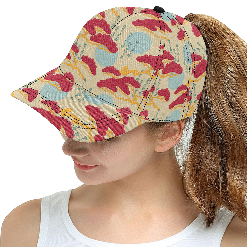 Red Bonsai gray sun japanese pattern All Over Print Snapback Cap