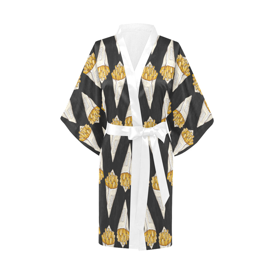 French fries dark background Women's Short Kimono Robe