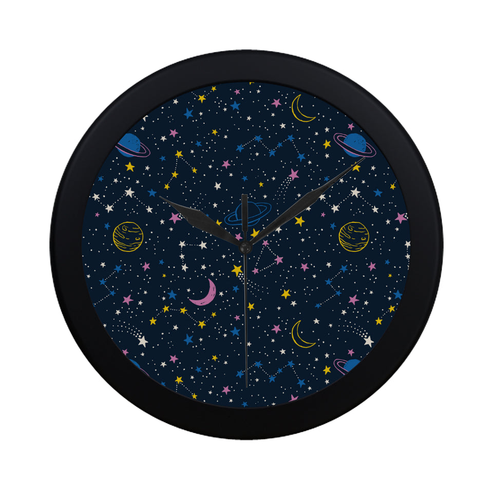 space pattern with planets, comets, constellations Elegant Black Wall Clock
