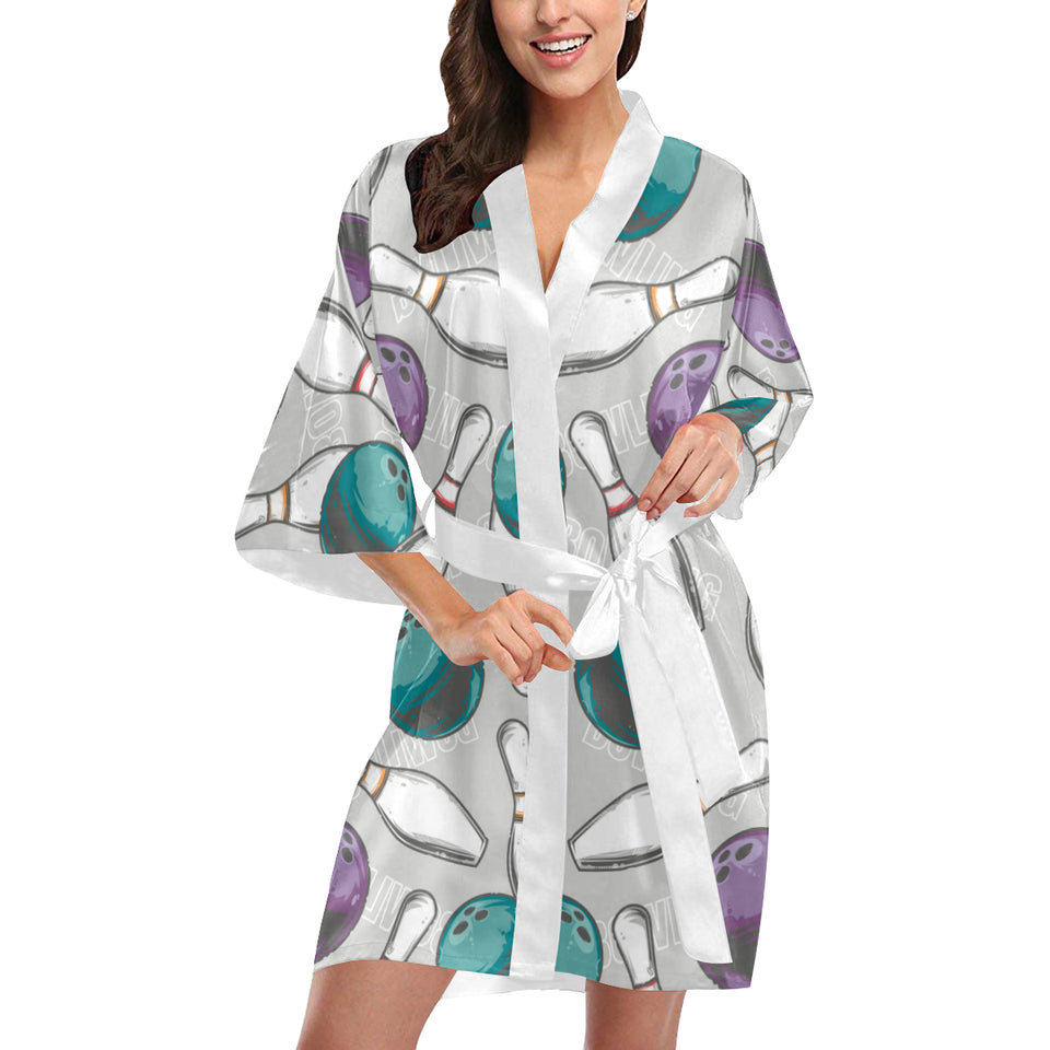 Bowling ball and pin gray background Women's Short Kimono Robe