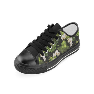 White orchid flower tropical leaves pattern blackg Kids' Boys' Girls' Low Top Canvas Shoes Black