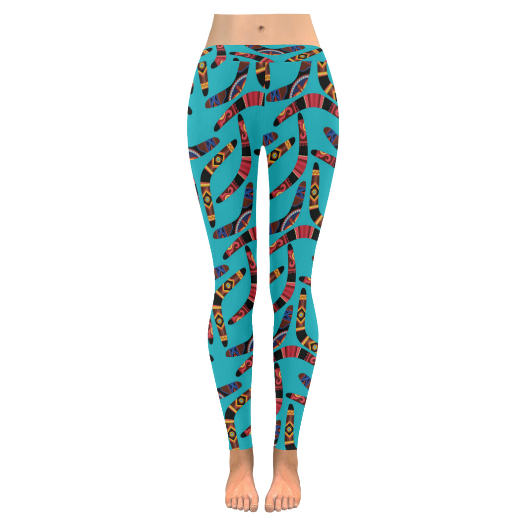 Boomerang Australian aboriginal ornament blue background Women's Legging Fulfilled In US
