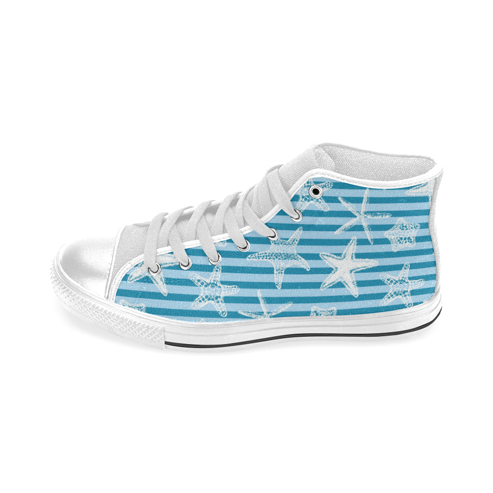 Starfish blue blackground Men's High Top Canvas Shoes White