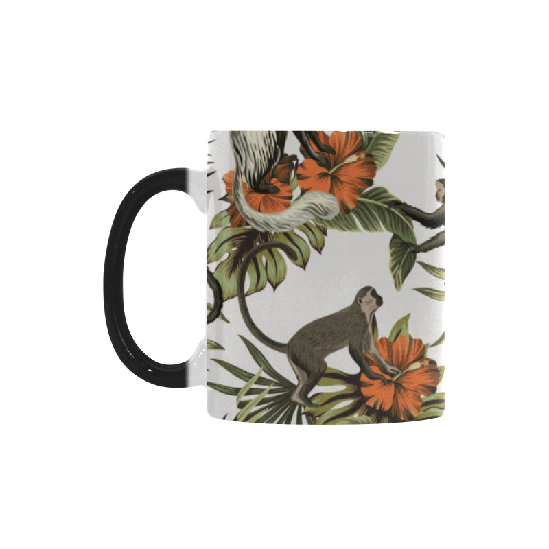 Monkey red hibiscus flower palm leaves floral patt Morphing Mug Heat Changing Mug