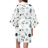 Hand drawn space elements space rocket star planet Women's Short Kimono Robe