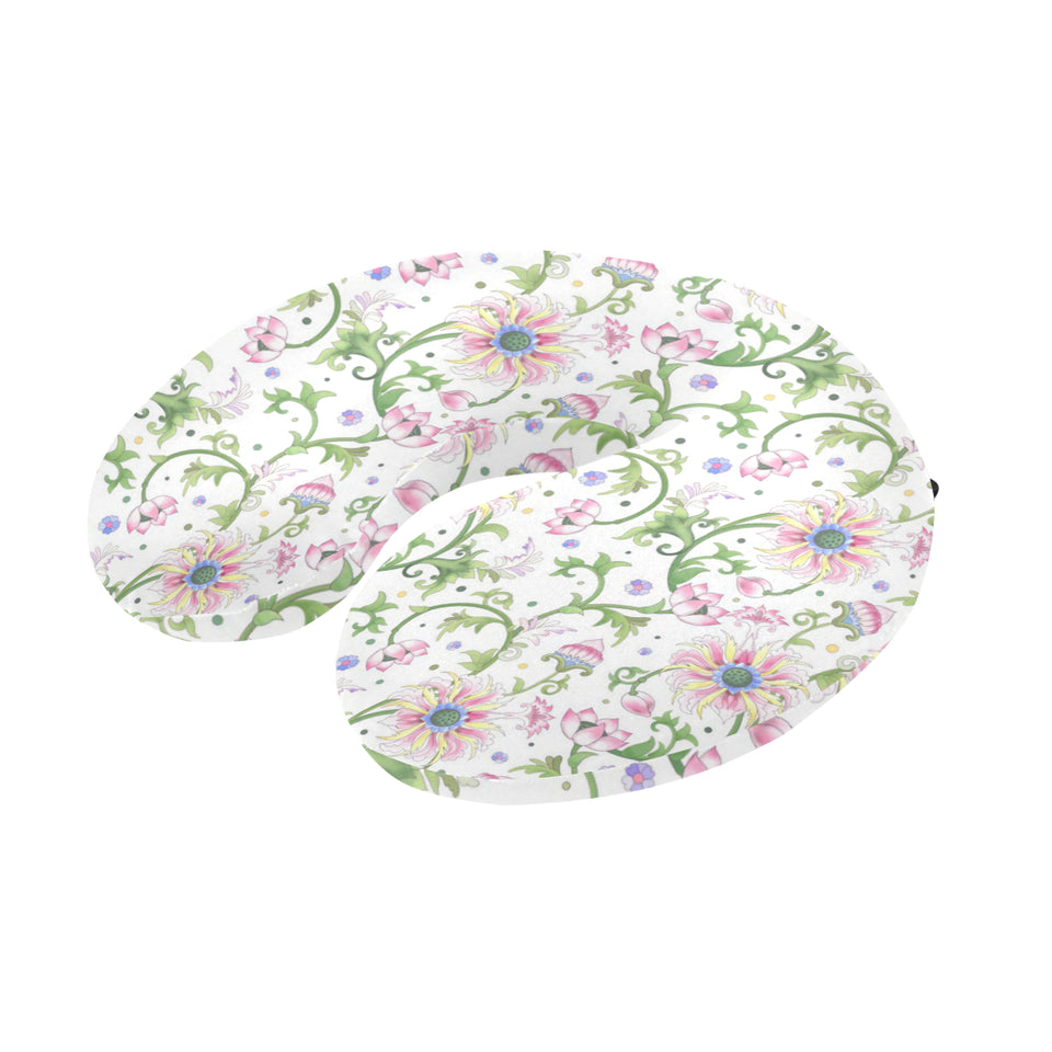 Beautiful pink lotus waterlily leaves pattern U-Shaped Travel Neck Pillow