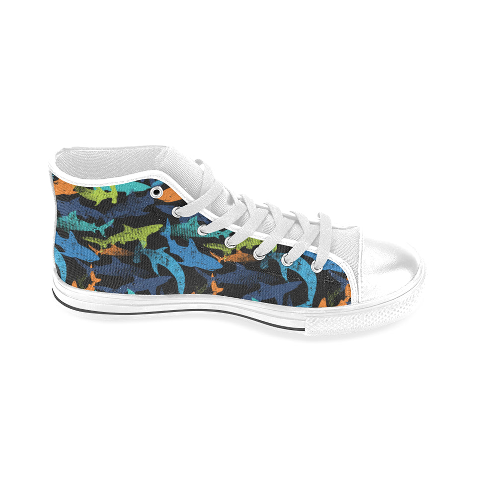 Colorful shark Men's High Top Canvas Shoes White