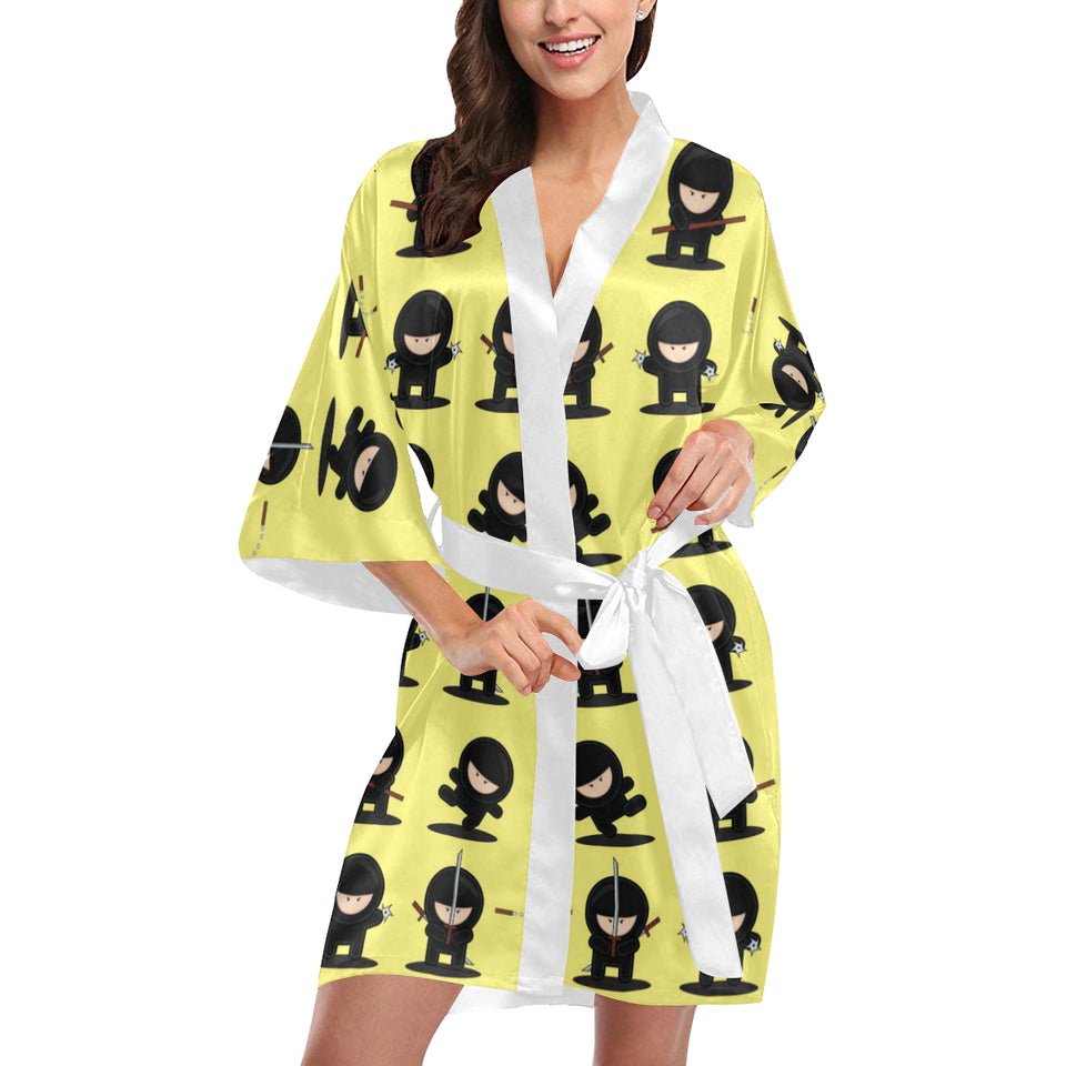 Cute ninja yellow background Women's Short Kimono Robe