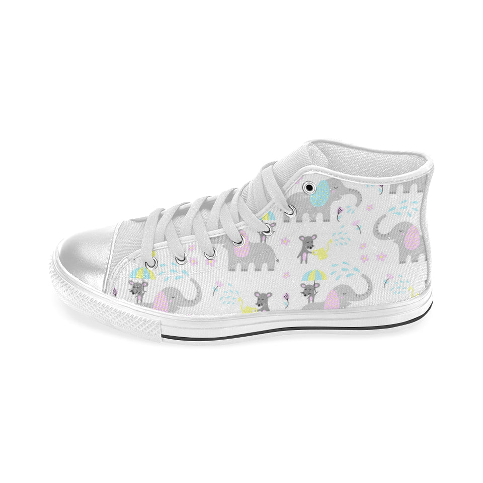Cute elephant mouse pattern Women's High Top Canvas Shoes White