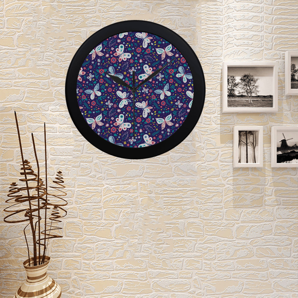 Colorful butterfly flower pattern.eps Elegant Black Wall Clock