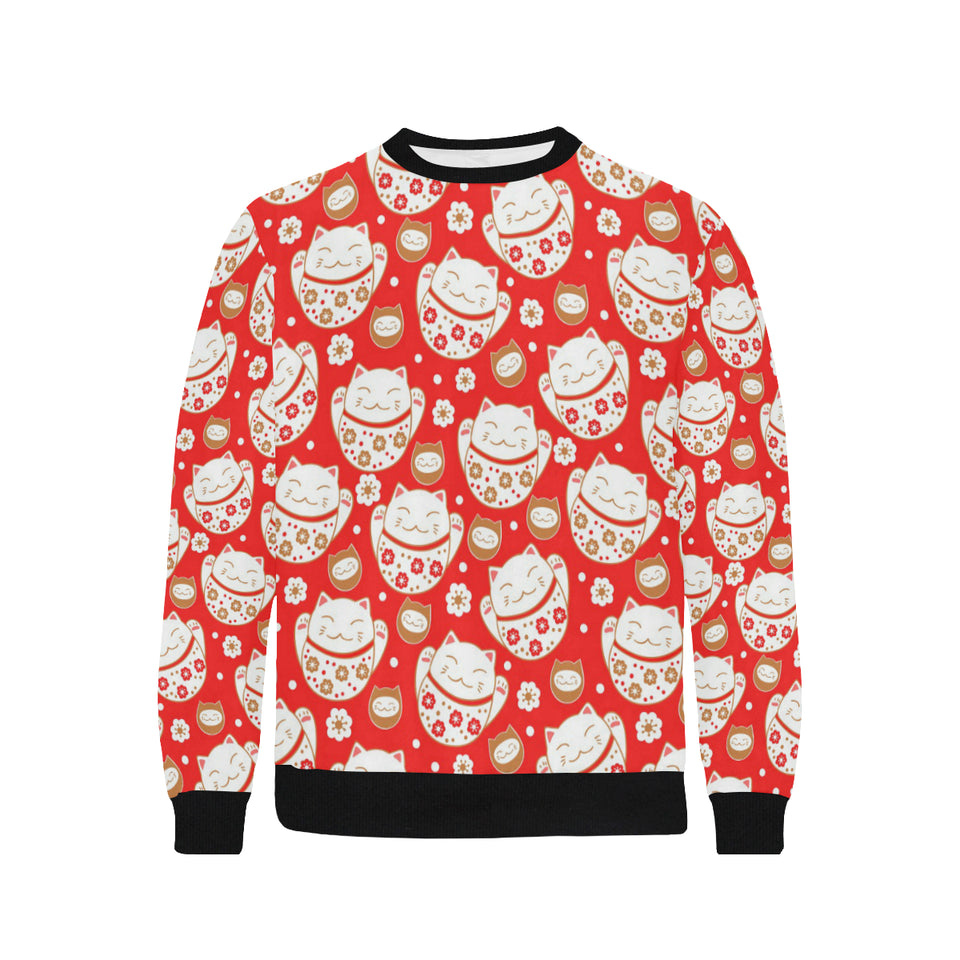 Cute Maneki neko cat red background Men's Crew Neck Sweatshirt
