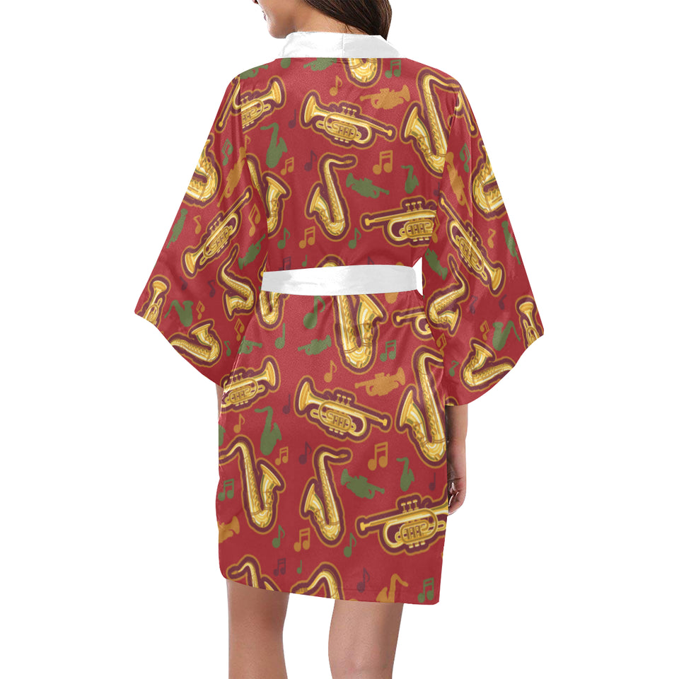 Saxophone cornet pattern red background Women's Short Kimono Robe